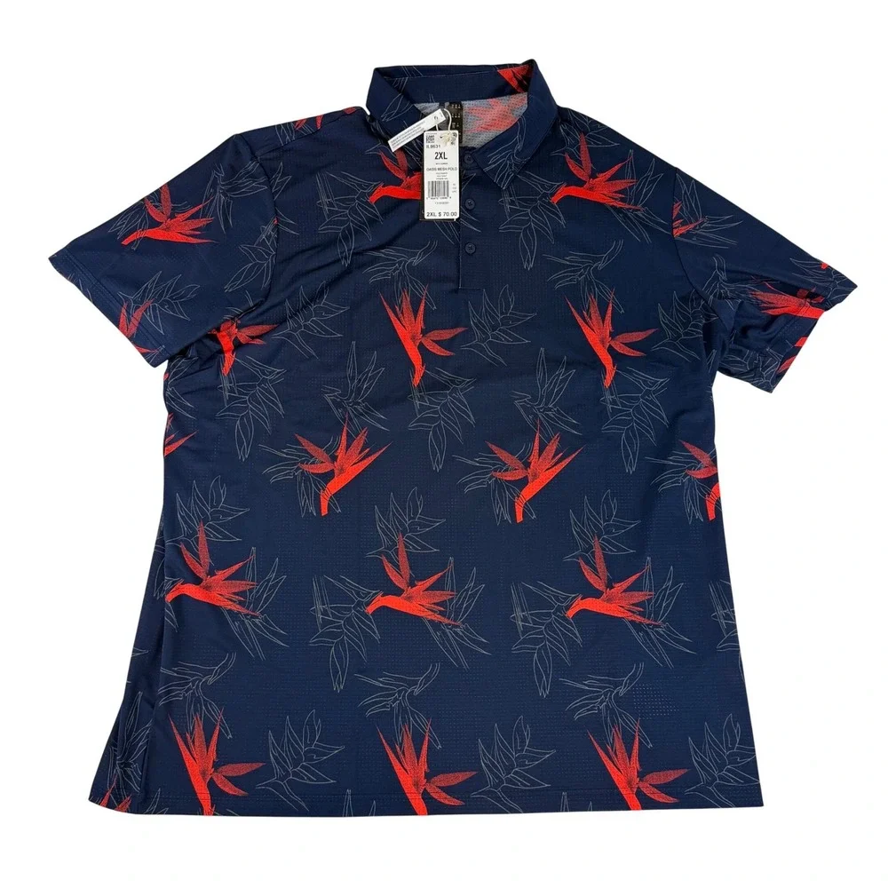 Adidas Oasis Mesh Polo Mens 2XL Navy Blue Floral Bird of Paradise Golf IL9631